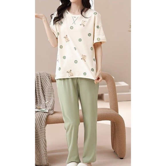 100% Cotton Women Pajama Set 2Pcs Short Sleeve Pullover Top Sleepwear Soft - Picture 4 of 8
